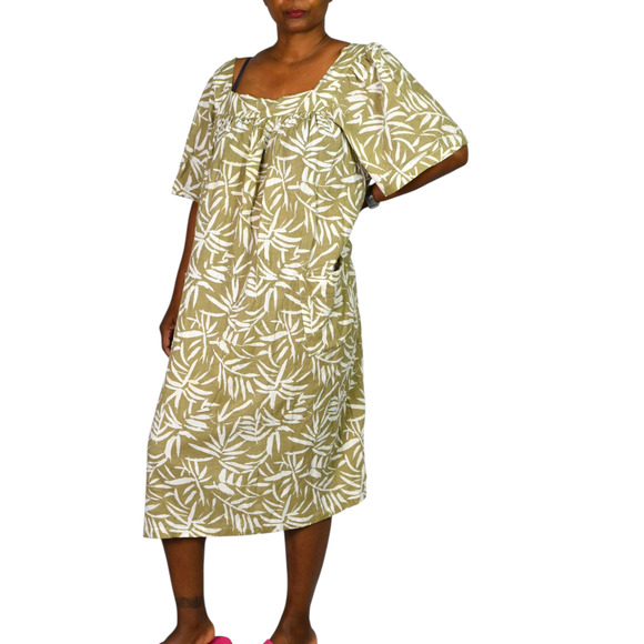 Vintage Patio Dress Tan Vermont Country Store Palm Leaf Muumuu Housedress Large - Picture 11 of 14